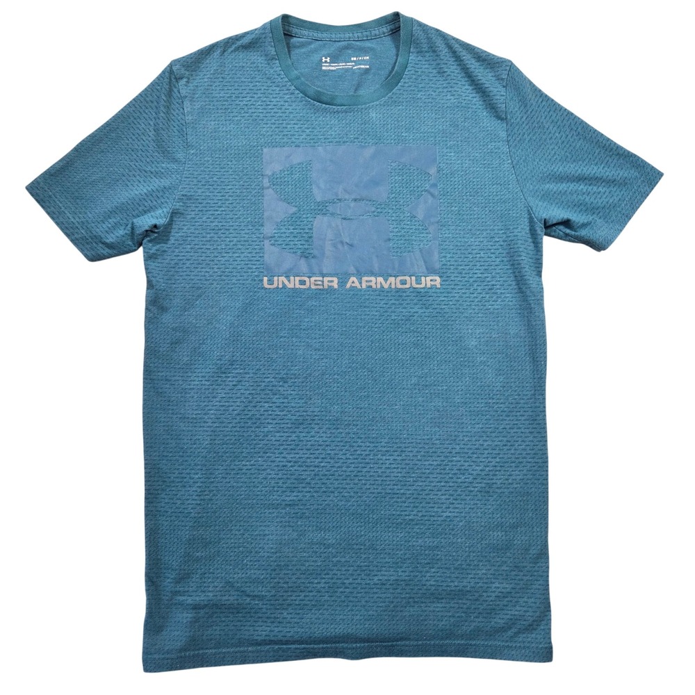 Under Armour Mens HeatGear Teal Blue Textured Logo Graphic T-Shirt Small Loose